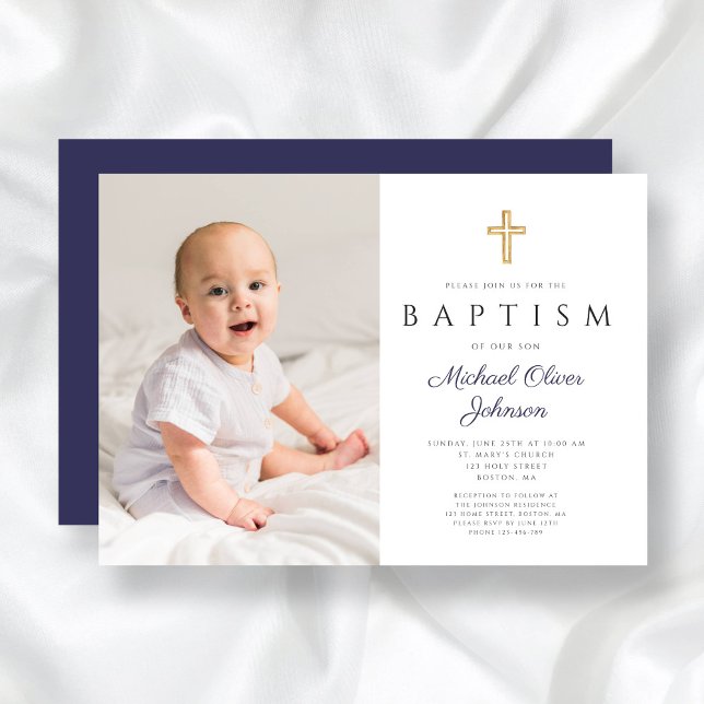 Invitación Baptismo fotográfico de Navy Blue Script Cross Boy (Navy Blue Script Cross Boy Photo Baptism Invitation)