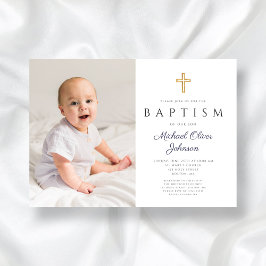 Invitación Baptismo fotográfico de Navy Blue Script Cross Boy