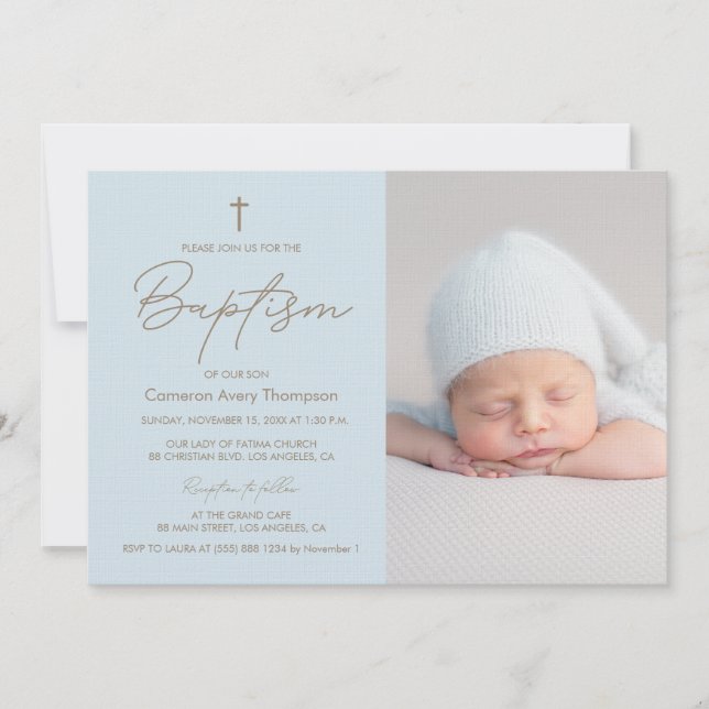 Invitación Baptismo fotográfico de niño Elegante cristianismo (Anverso)