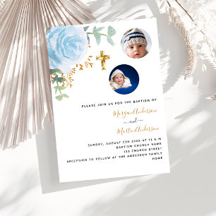 Invitación Baptismo fotográfico floral azul de los gemelos