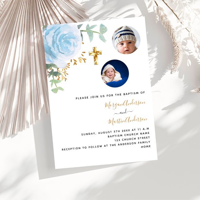 Invitación Baptismo fotográfico floral azul de los gemelos (Subido por el creador)