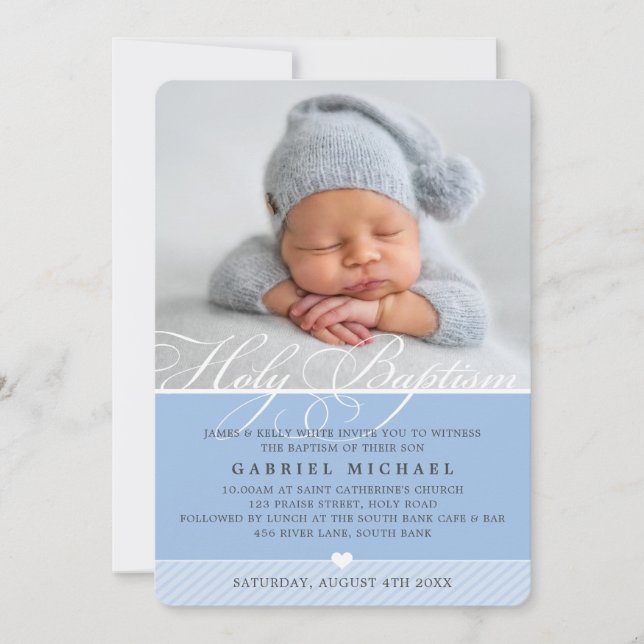Invitación BAPTISMO FOTOGRÁFICO florece la caligrafía masculi (Anverso)