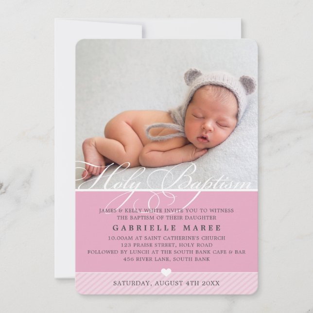 Invitación BAPTISMO FOTOGRÁFICO floreciente caligrafía chica  (Anverso)