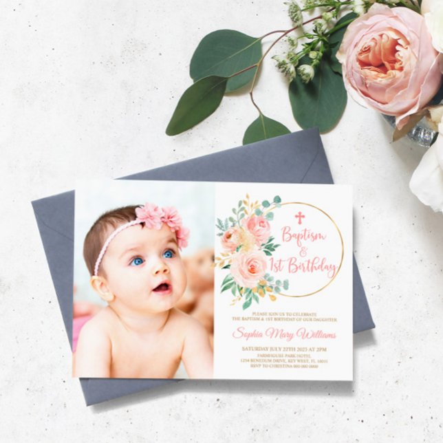 Invitación Baptismo fotográfico rosa de Rubor y primer cumple (Subido por el creador)