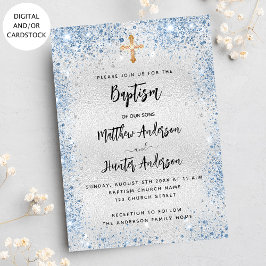 Invitación Baptismo gemelos azul plateado