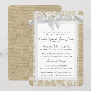 Invitación Baptismo gemelos Bow blanco Burlap y encaje