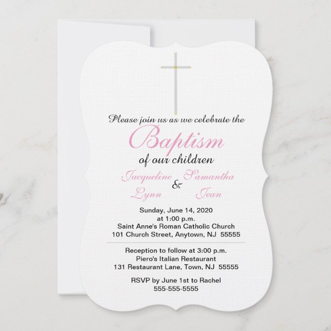 Invitación Baptismo Gemelos rosados (Anverso)