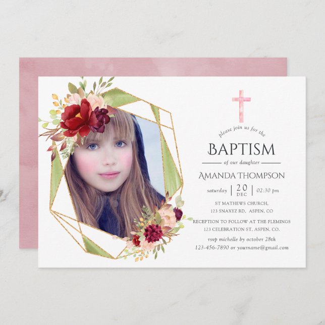 Invitación Baptismo geométrico de Borgoña y Rubor o cristiani (Anverso / Reverso)