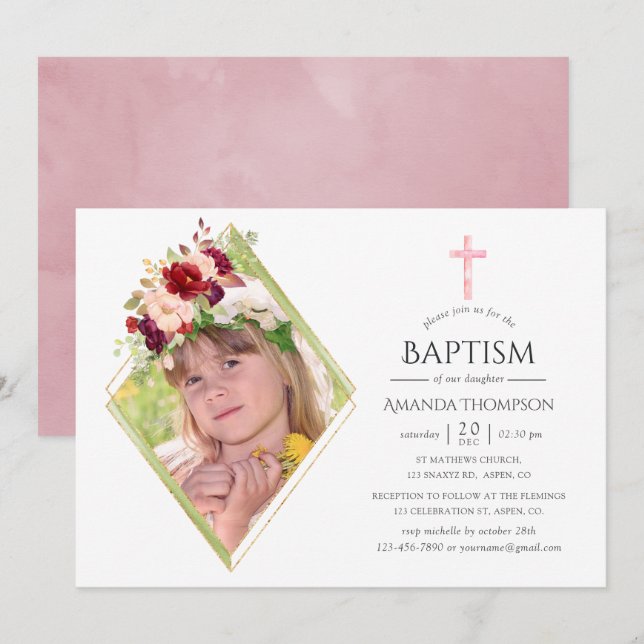 Invitación Baptismo geométrico de Borgoña y Rubor o cristiani (Anverso / Reverso)