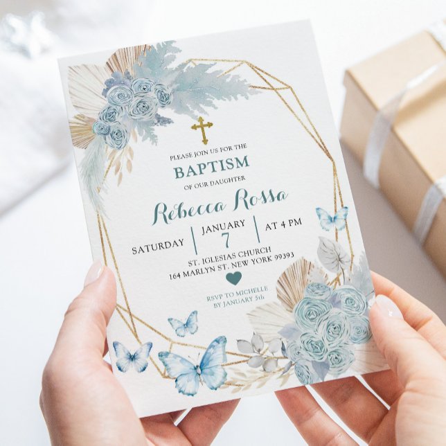 Invitación Baptismo geométrico de la mariposa floral Boho Blu (Subido por el creador)