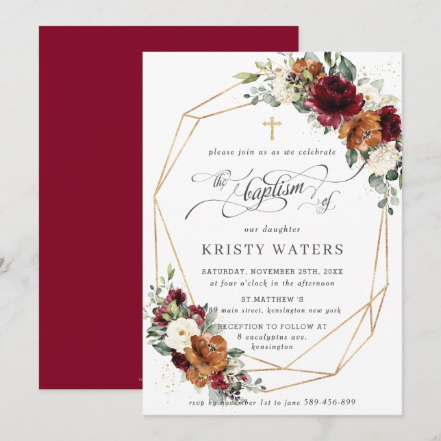 Invitación Baptismo geométrico de la vegetación floral de roy (Anverso / Reverso)