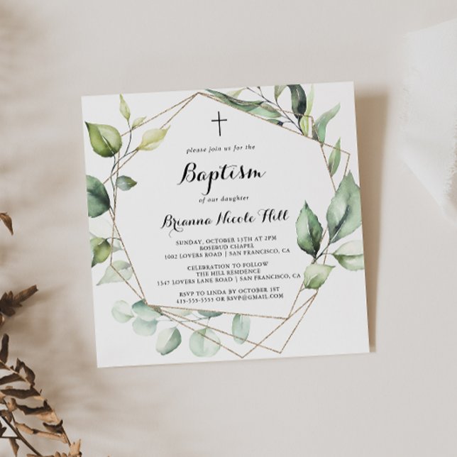 Invitación Baptismo geométrico elegante de la vegetación de o (Subido por el creador)