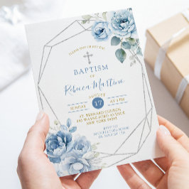 Invitación Baptismo Geométrico Floral de Plata Azul Dusto