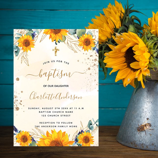 Invitación Baptismo girasoles eucalipto purpurina de oro (Subido por el creador)