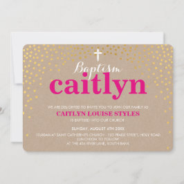 Invitación BAPTISMO GLAMOROSO confeti de oro rústico kraft ro