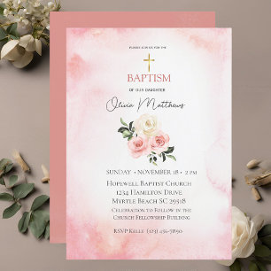 Invitación Baptismo Gold Cross Pink Floral