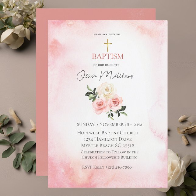 Invitación Baptismo Gold Cross Pink Floral (Subido por el creador)