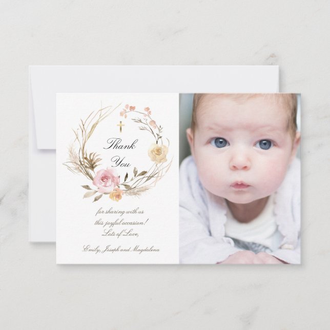 Invitación Baptismo gracias a las flores rosadas beiges (Anverso)