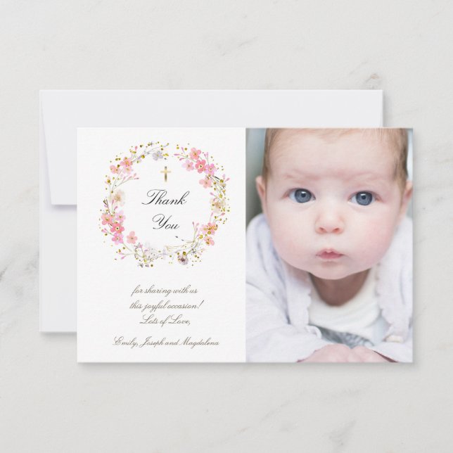 Invitación Baptismo gracias a las flores rosas (Anverso)