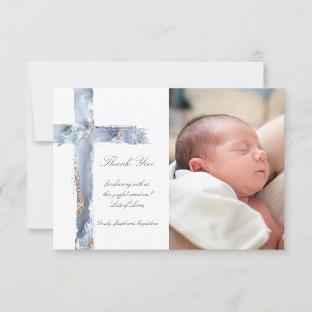 Invitación Baptismo gracias cruz agate azul (Anverso)