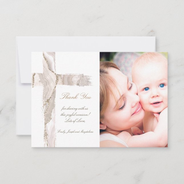 Invitación Baptismo gracias cruz Santa rosa beige (Anverso)