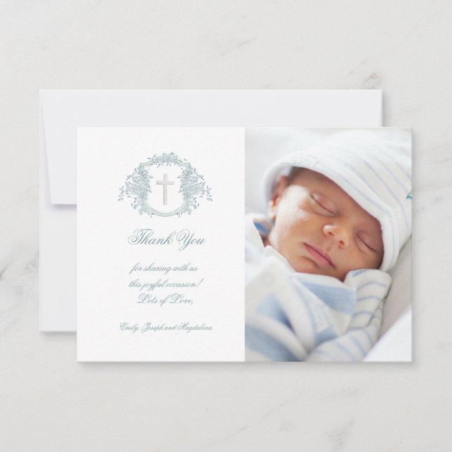 Invitación Baptismo gracias escudo floral azul (Anverso)