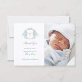 Invitación Baptismo gracias escudo floral azul