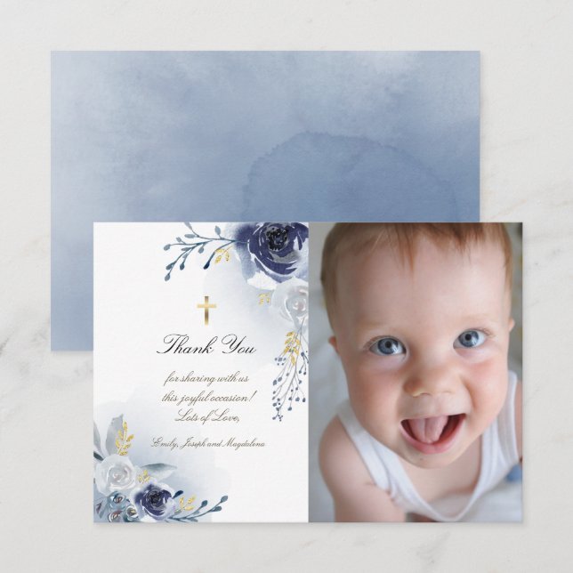 Invitación Baptismo gracias rosas azules (Anverso / Reverso)