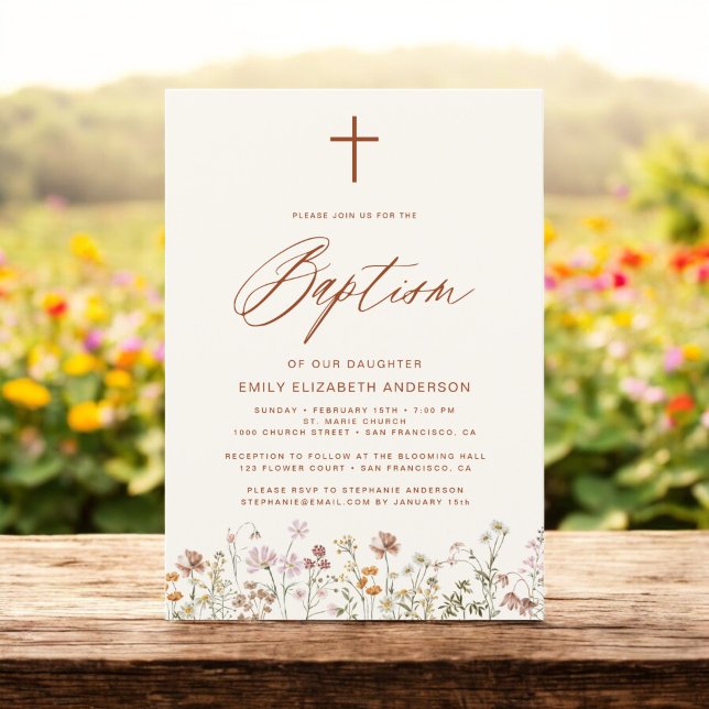 Invitación Baptismo Guión de flor silvestre Beige neutral (Subido por el creador)