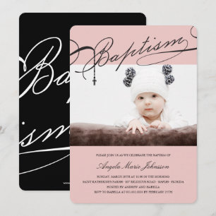 Invitación Baptismo guionado Rosary Cross Chica Foto Rosa