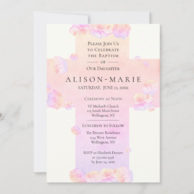 Invitación Baptismo Hidrangea Rosa Cruz Floral Cristiana (Anverso)