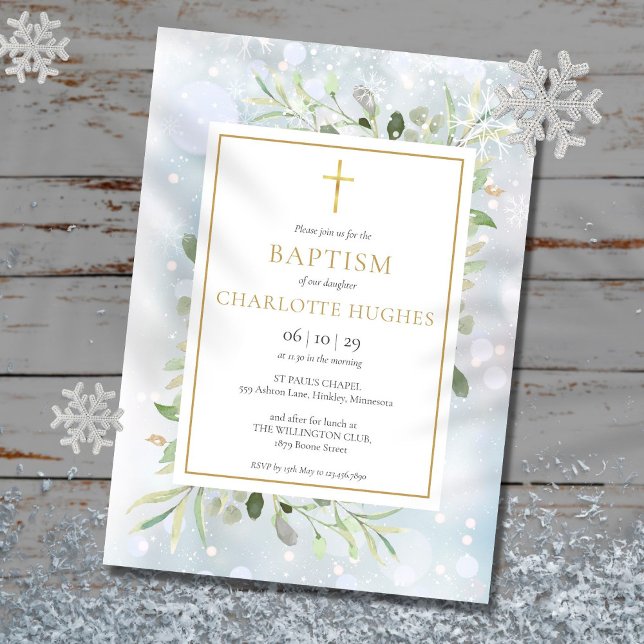Invitación Baptismo Invierno Copos de Nieve Agua Vegetación (Subido por el creador)