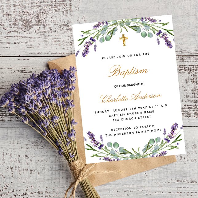 Invitación Baptismo lavanda violeta eucalipto floral lujo (Subido por el creador)
