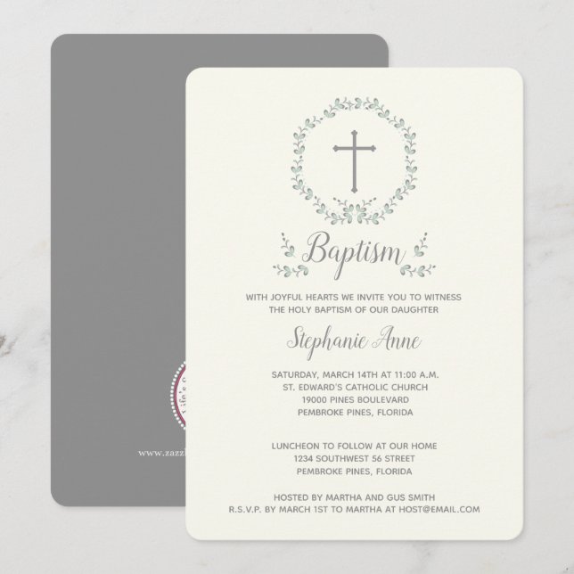 Invitación Baptismo Leaf azul y verde Wreath (Anverso / Reverso)