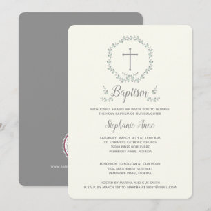Invitación Baptismo Leaf azul y verde Wreath