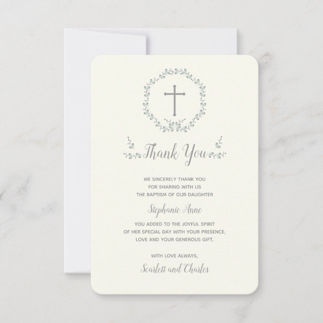 Invitación Baptismo Leaf azul y verde Wreath (Anverso)