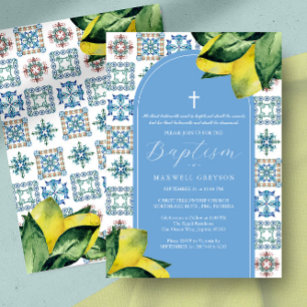 Invitación Baptismo Lemon Religiosa Italiana Blue Tile