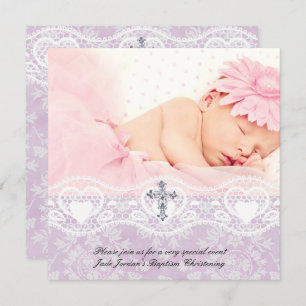 Invitación Baptismo Lilac Chica de cruz de foto de encaje bla