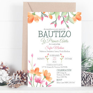 Invitación Baptismo lindo y flores acuáticas de primer cumple