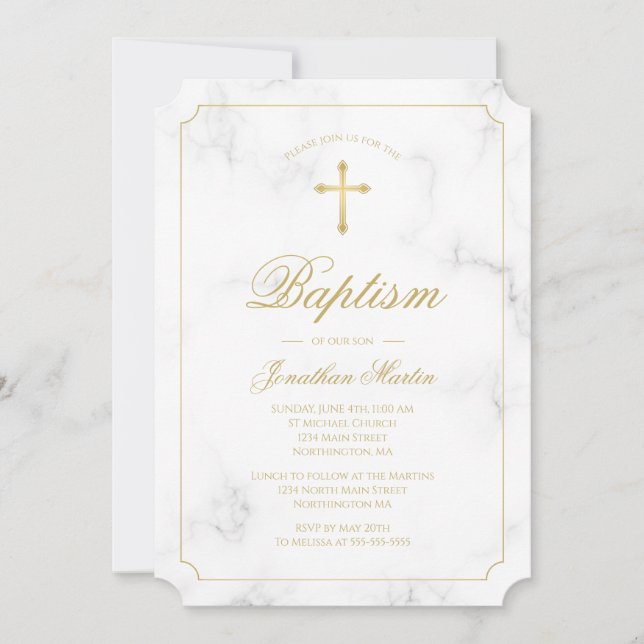 Invitación Baptismo Marble Blanco Oro Cruz Script Boy Foto (Anverso)