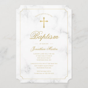 Invitación Baptismo Marble Blanco Oro Cruz Script Boy Foto