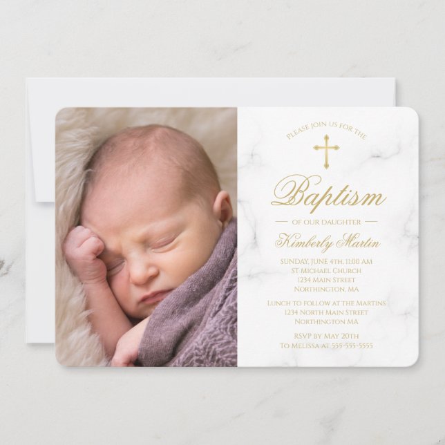 Invitación Baptismo Marble blanco Oro cruzado guión de foto C (Anverso)