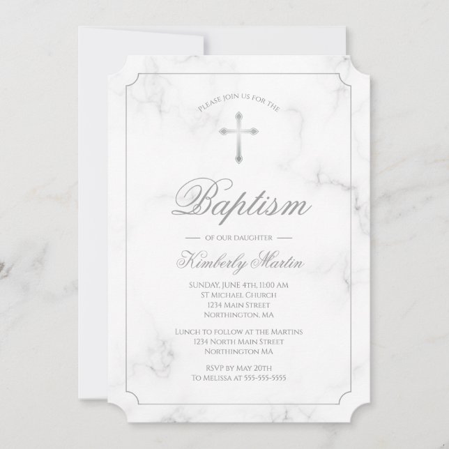 Invitación Baptismo Marble Blanco Plata Crudo Script (Anverso)