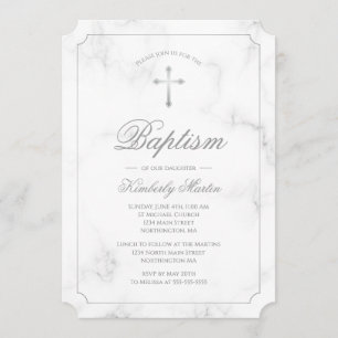 Invitación Baptismo Marble Blanco Plata Crudo Script