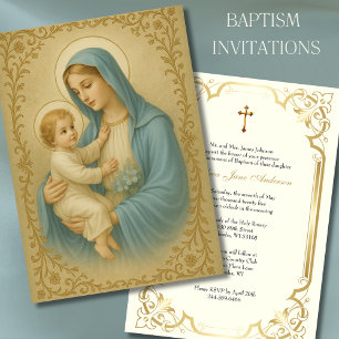 Invitación Baptismo María Jesús Azul y Oro