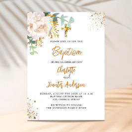 Invitación Baptismo mellizos ucalipto vegetación floral blanc