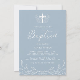Invitación Baptismo Minimalista de la Cruz Azul Dusto Floral