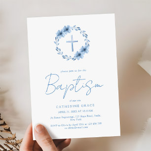 Invitación Baptismo Minimalista de la Cruz Floral Azul Dusto