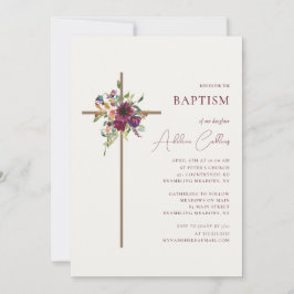 Invitación Baptismo Minimalista simple cruzado borgoñoso flor