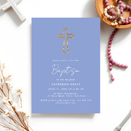 Invitación Baptismo mínimo azul y Christenin cruzado de oro